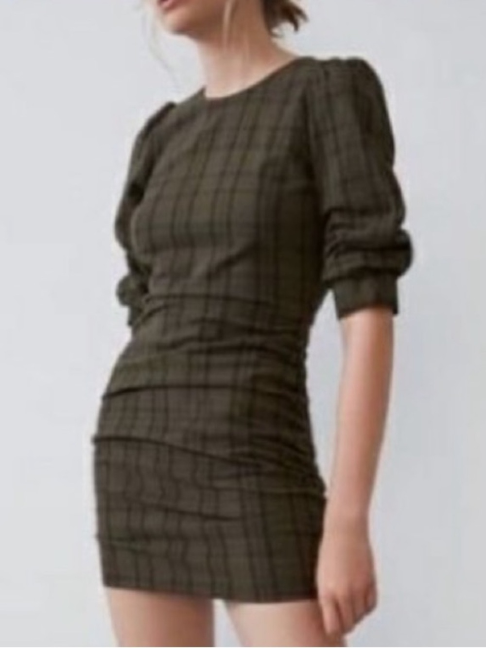 Zara Olive Plaid Puff-Sleeve Mini Dress